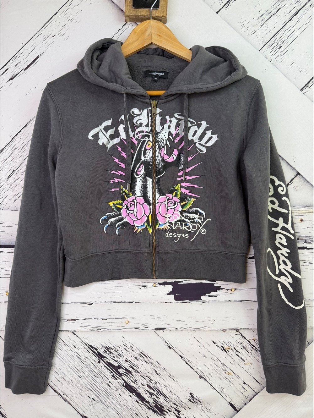 Ed Hardy Y2K McBling Vintage Vibe Panther Cropped Zip Front Hoodie Women’s XL
